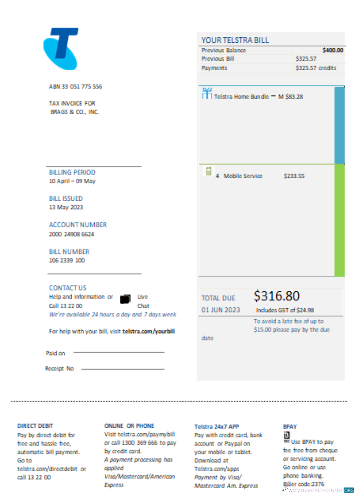 Download Telstra Group Limited telecommunications utility business bill, SCR Photoshop template